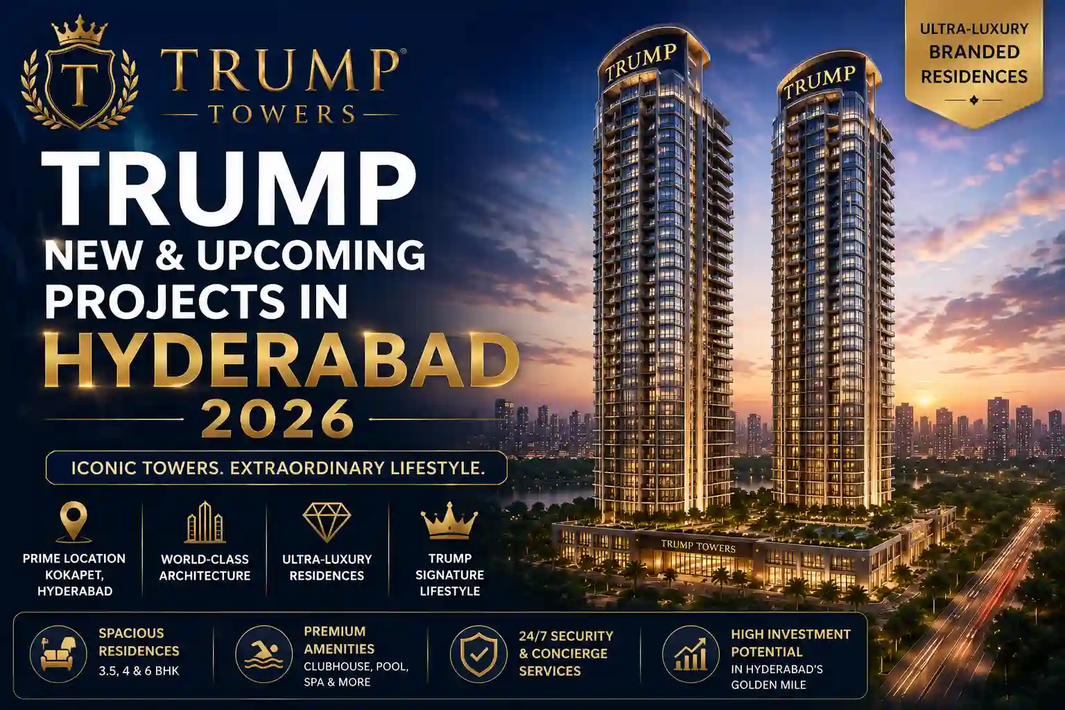 Trump new luxury towers and upcoming premium residences in Hyderabad featuring Trump Towers Hyderabad and Golden Mile Road