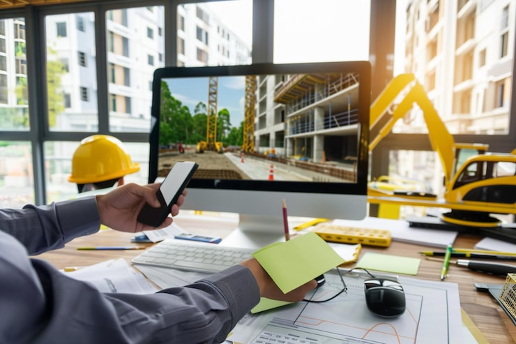 Engineer checking a building site on a monitor