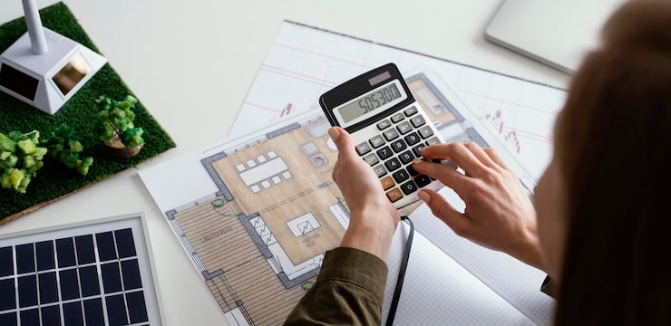 Calculator and floor plan on a desk, representing the cost of a home