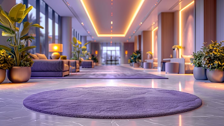 Luxury lobby corridor with plants and lighting, representing club spaces