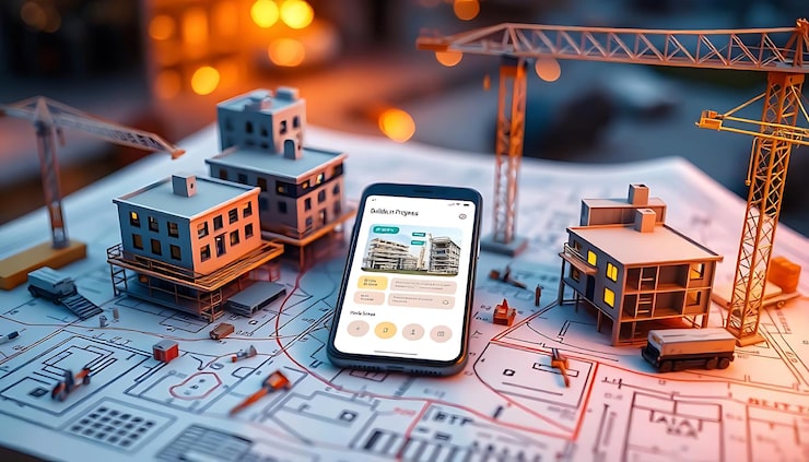 Construction cranes and a phone app over a site model