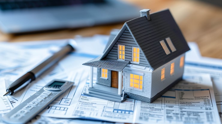 House model on top of building plans, representing launch pricing