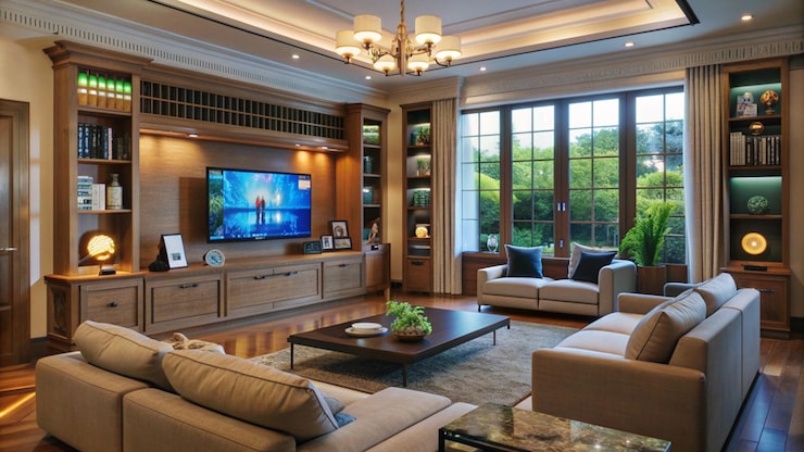 Luxury living room with a large window, representing a residence layout