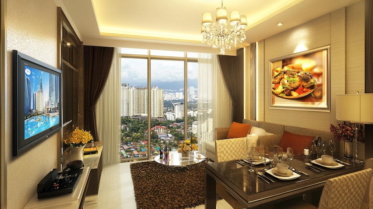 Luxury living room with city view, representing a residence layout