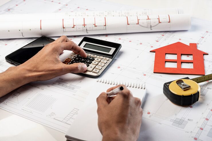 Calculator and plans on a desk, representing payment planning