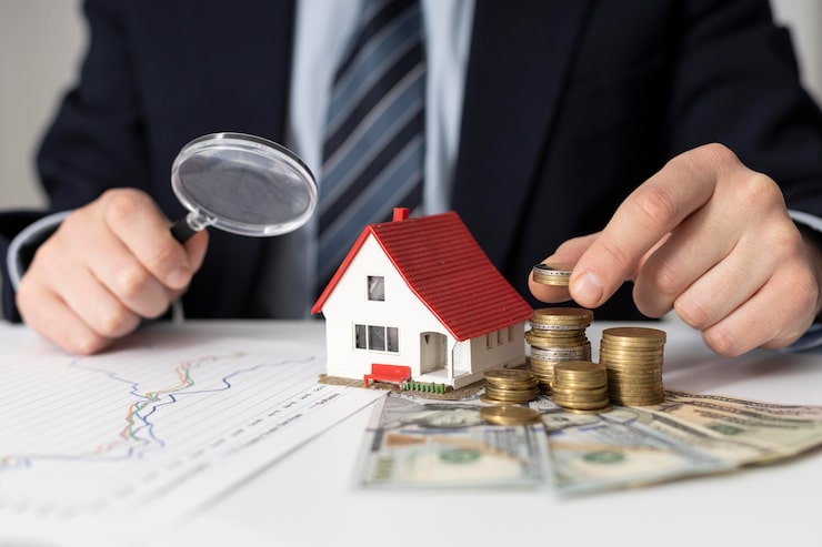 Person inspecting a house model with coins, representing resale value